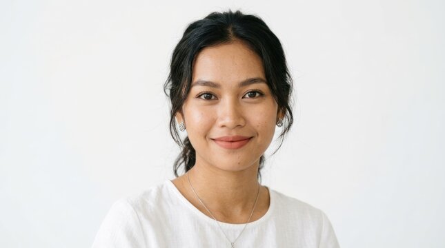 A young woman with dark hair wearing a white shirt, standing against a plain white background.