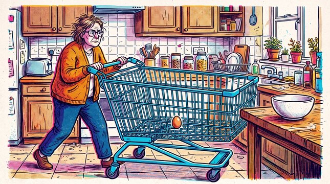 One egg takes an oversized shopping cart through the kitchen