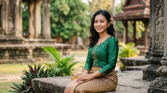 A young woman in traditional Cambodian attire sitting on a stone step in front of a temple. The woman is wearing a green blouse and a patterned skirt. 