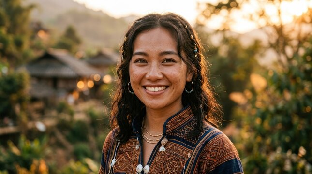 A woman in traditional clothing standing in front of a mountainous landscape with a sunset in the background.