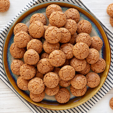 Homemade Italian Almond Amaretti Cookies on a Plate, top view.
