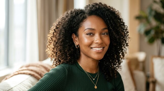 A woman with curly hair sitting on a couch in a cozy living room with a green sweater and a green plant in the background.