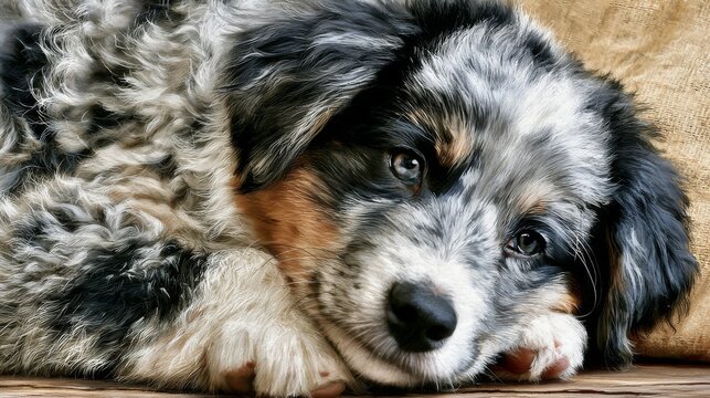 Adorable fluffy puppy resting comfortably on a soft surface, showcasing its beautiful coat, expressive eyes, and charming personality in a cozy environment