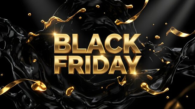 Elegant golden black friday typography design with luxury dark background and flying shiny gold confetti
