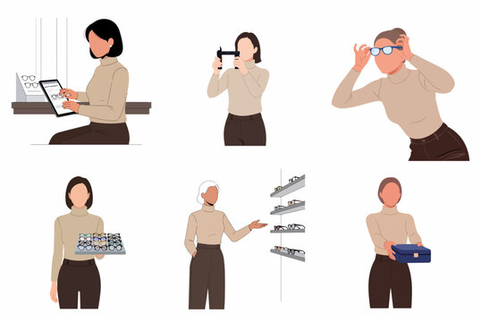 Flat vector illustration set of a woman at an optical store choosing eyewear, checking prescriptions on a tablet, and trying on new glasses