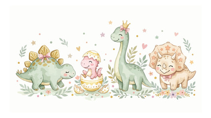 Cute baby dinosaur watercolor vector illustration, adorable pastel dino characters for children's designs, charming prehistoric animal set with floral accents © Abida