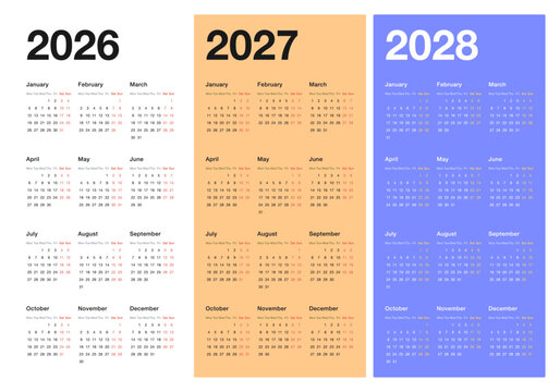 three year calendar set for 2026 2027 and 2028. twelve month grid on white orange and blue panels. full annual planner with weekday columns. printable yearly organizer template
