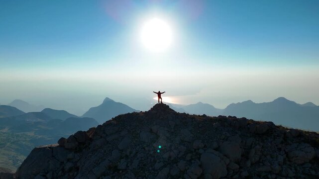 Hiker Standing Peak Sunrise Drone