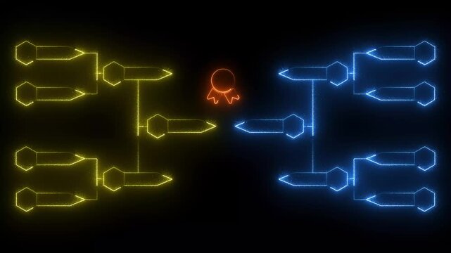 Neon tournament bracket animation with glowing competition medal, digital esports competition hud, sports championship overlay