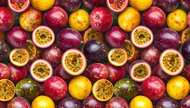Seamless passion fruit pattern with whole and sliced fruits