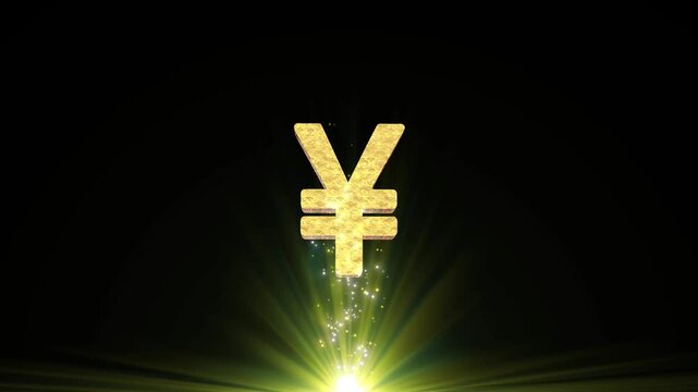 3D Golden Chinese Yuan Symbol Rotating Loop with Neon Glow and Glittering Gold Particles on Black Background.