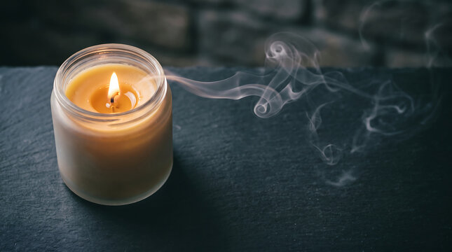 Single lit soy wax candle in glass jar with wisp of smoke aromatherapy relaxation atmosphere lighting wellness meditation stillness aesthetic tranquility