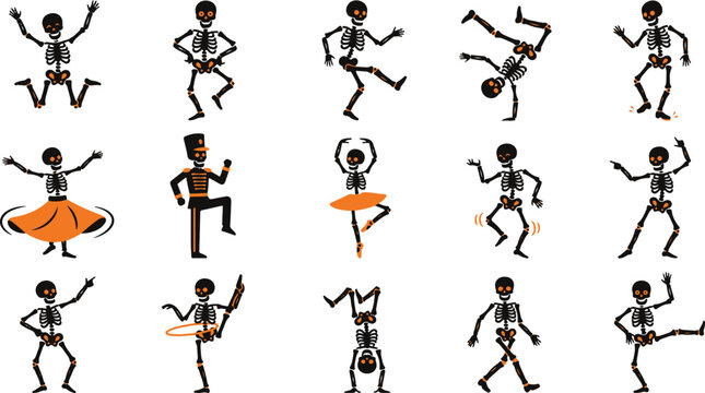 Collection of funny dancing skeletons in various poses for a festive halloween party celebration graphic design project