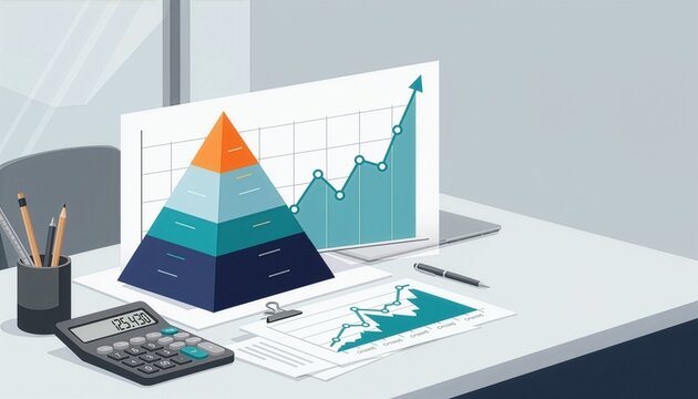 3D pyramid chart with financial growth graph paper, calculator, and office supplies organized neatly on a desk.