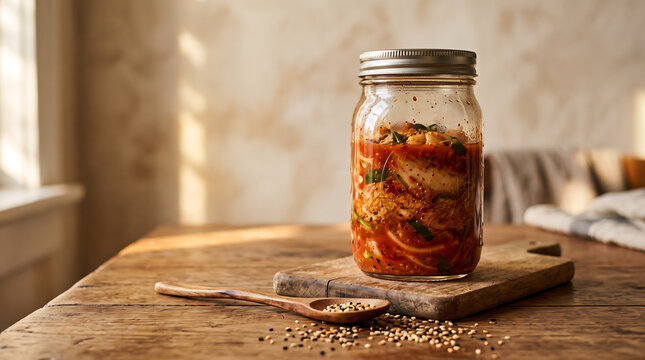 Traditional korean kimchi in glass jar beside wooden spoon with fermented vegetables homemade traditional probiotic preserved ingredients gastronomy nutrition