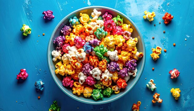 Bowl of colorful sweet popcorn on bright blue background, top view