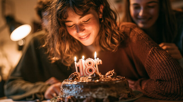 18th birthday party indoors with friends and family, cake, candles and joyful laughter evening celebration