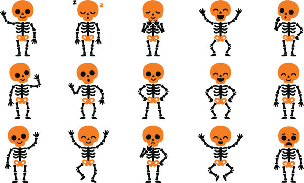 Set of cute cartoon skeletons with pumpkin heads in various poses for halloween party design and decoration elements
