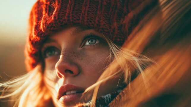 Young woman in cozy red hat gazing thoughtfully into the distance during golden hour light, showcasing warm winter vibes and natural beauty