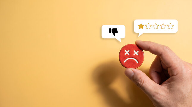 Disappointed client holding red sad face symbol with negative review icons on yellow background representing bad customer service experience and poor company performance.