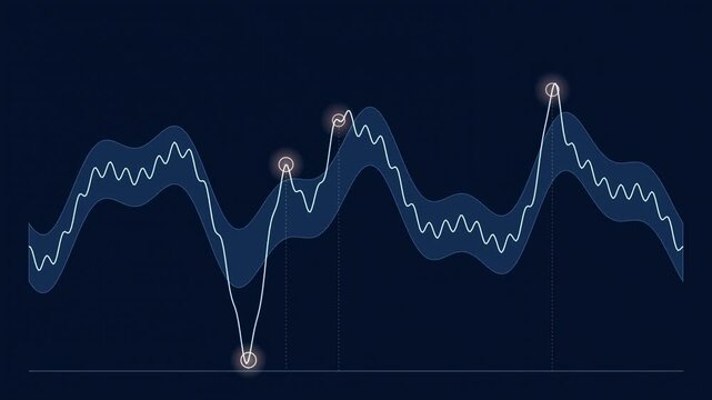 Graph displays fluctuating data over time. Highlighted peak indicates significant event or value. Visualizes trends, patterns, variability.