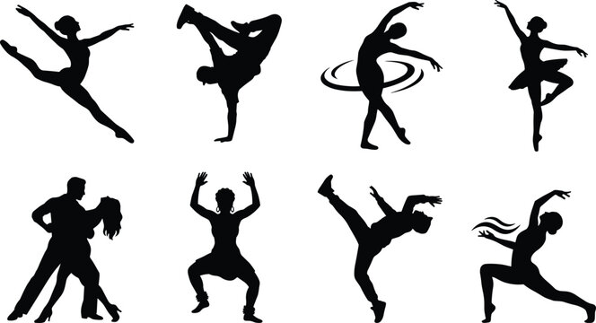 Dance Silhouette Collection with Ballet Hip Hop Latin and Contemporary Performance Poses Vector