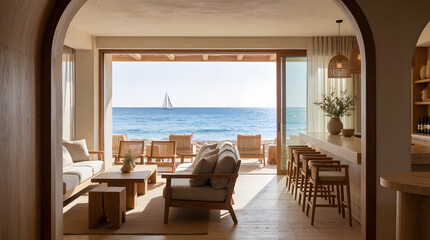 Fototapeta premium Minimal luxury beach club interior with natural materials