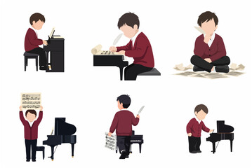 Little boy musician and composer character set playing piano and writing sheet music vector illustration