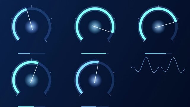 Blue dials, gauges, waveform display. Modern interface elements, dark background, control panel design. Minimalist aesthetic, technology illustration.