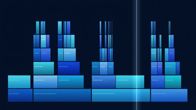 Abstract blue blocks stacked, forming digital cityscape. Minimalist design, dark background emphasizes geometric shapes. Modern aesthetic.