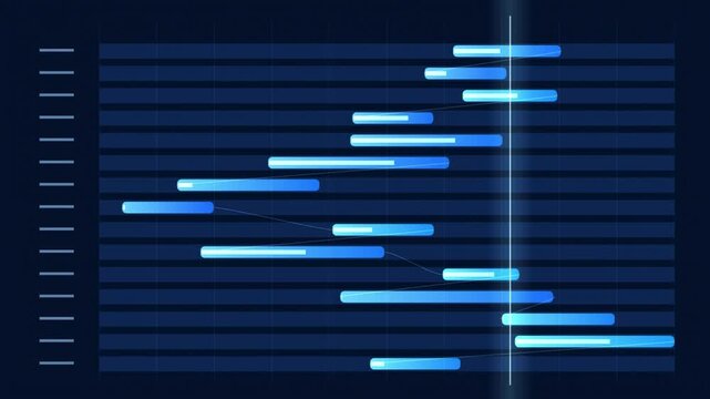 Gantt chart displays project timelines. Blue bars represent tasks, duration shown visually. Vertical line indicates current progress.