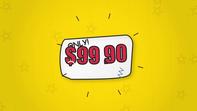 Animated price tag showing ninety-nine dollars and ninety cents on yellow