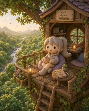 Cute 3D Clay Girl Relaxing in a Cozy Treehouse Surrounded by Nature and Peace