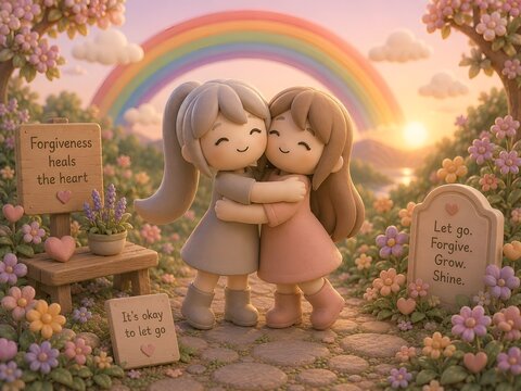 Cute 3D Clay Friends Hugging Under a Rainbow Symbolizing Forgiveness Healing and Friendship