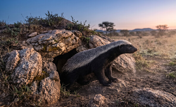  Honey Badger Emerging from a Rocky Den at Dawn
