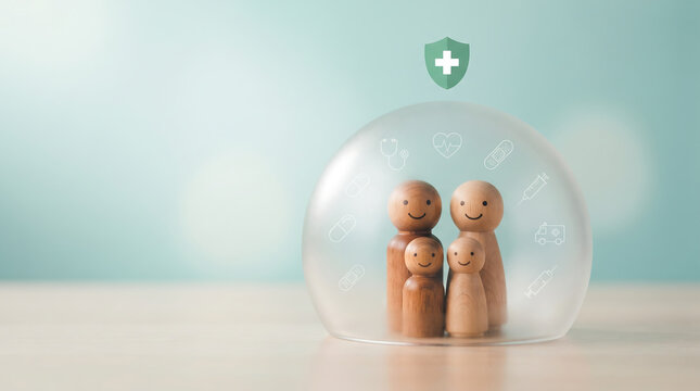 Family protection concept with wooden figures inside protective glass bubble and medical icons. Healthcare and life insurance visualization for safety and health security.