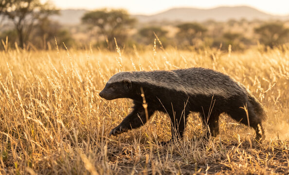 Fearless Honey Badger Walking Through Tall Grassland