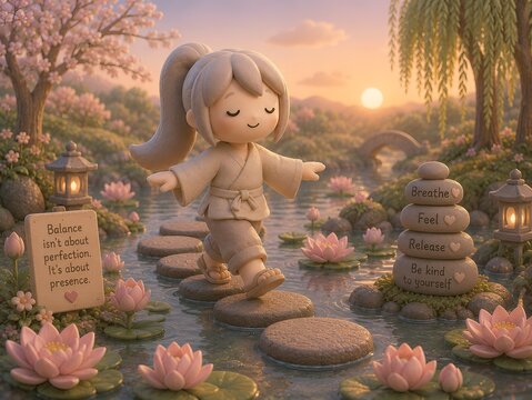 Cute 3D Clay Girl Practicing Mindful Balance on Stepping Stones in a Peaceful Zen Garden