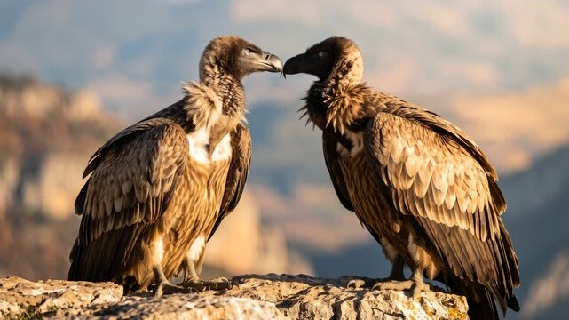 two griffon vulture close up at morning light in spanish mountains spain video