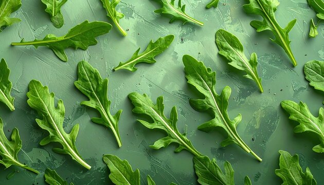Seamless pattern of fresh arugula leaves on green background, healthy salad texture