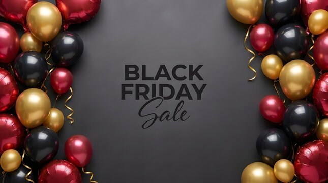 Festive black friday sale background with gold red and black balloons on dark surface