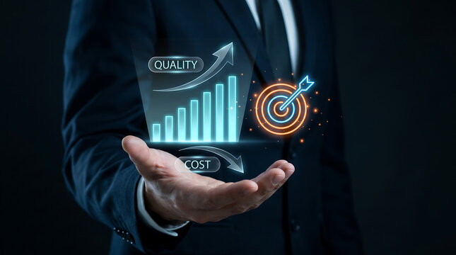 Businessman in dark suit presenting digital financial analytics with rising bar chart for quality and decreasing cost curve next to orange bullseye icon on palm in studio.