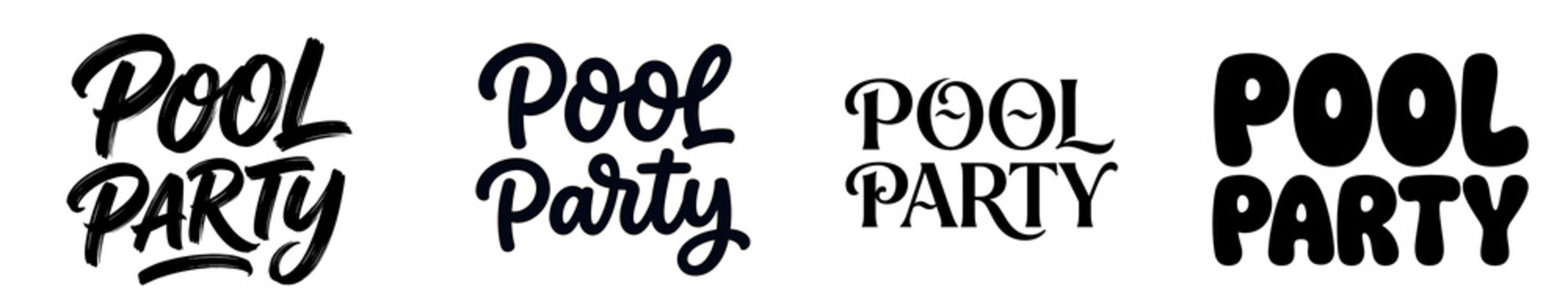 Pool party typography collection featuring four distinct black script and sans serif lettering styles set isolated directly on transparent background