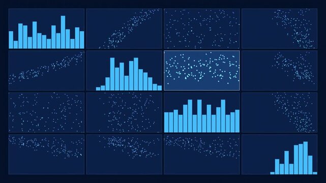Grid displays various blue plots. Histograms, scatterplots, data visualization, patterns present. Dark background enhances contrast.