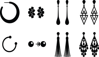 Fashion Earrings Silhouette Icon Set Featuring Hoop Earrings, Studs, Drop Earrings, Tassels, Chandelier, and Geometric Jewelry Vector Designs © SHOURAV DATTA