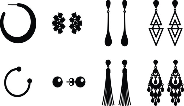 Fashion Earrings Silhouette Icon Set Featuring Hoop Earrings, Studs, Drop Earrings, Tassels, Chandelier, and Geometric Jewelry Vector Designs