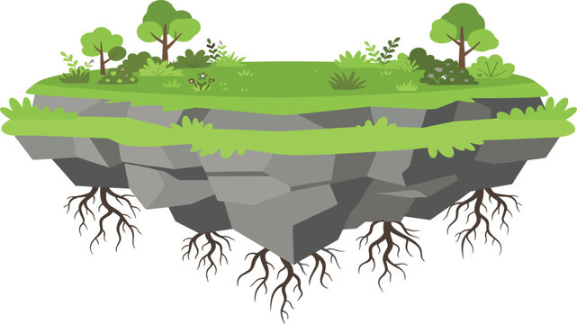 Floating Island Vector Illustration featuring Green Grass Trees Bush Elements and Exposed Rock Strata with Roots for Game UI Level Design Backgrounds