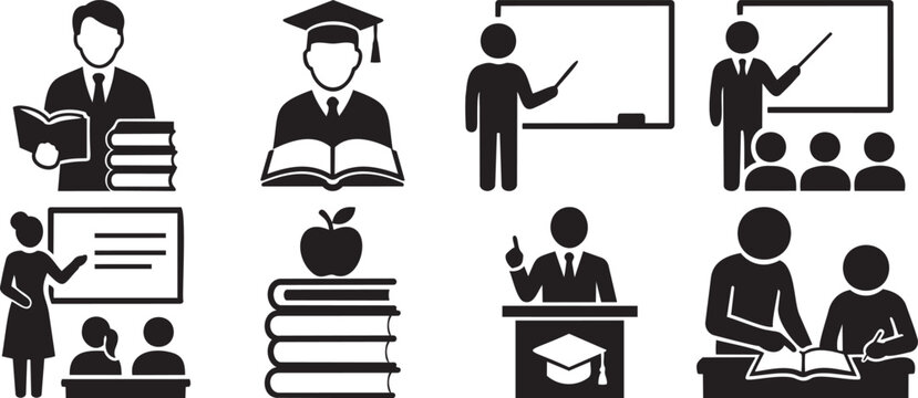  Teachers and Education Silhouette Icons with Classroom and Student Learning.