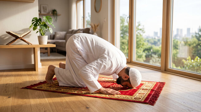 Muslim man performing Sujood (prostration) during Islamic prayer (Salah) on an elegant red and gold prayer rug inside a bright, modern home.