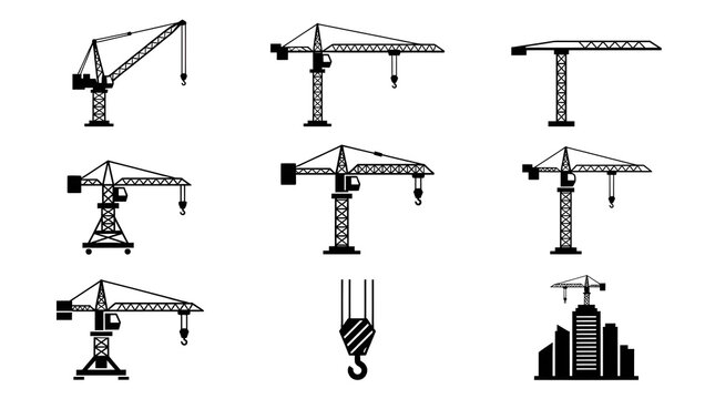 Construction crane vector icon set isolated on white background. Heavy machinery tower crane, hook, and building site silhouette illustrations